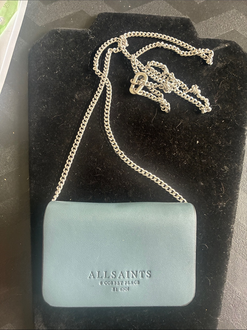 AllSaints Leather Chain Wallet Crossbody Bag – Slate Blue New